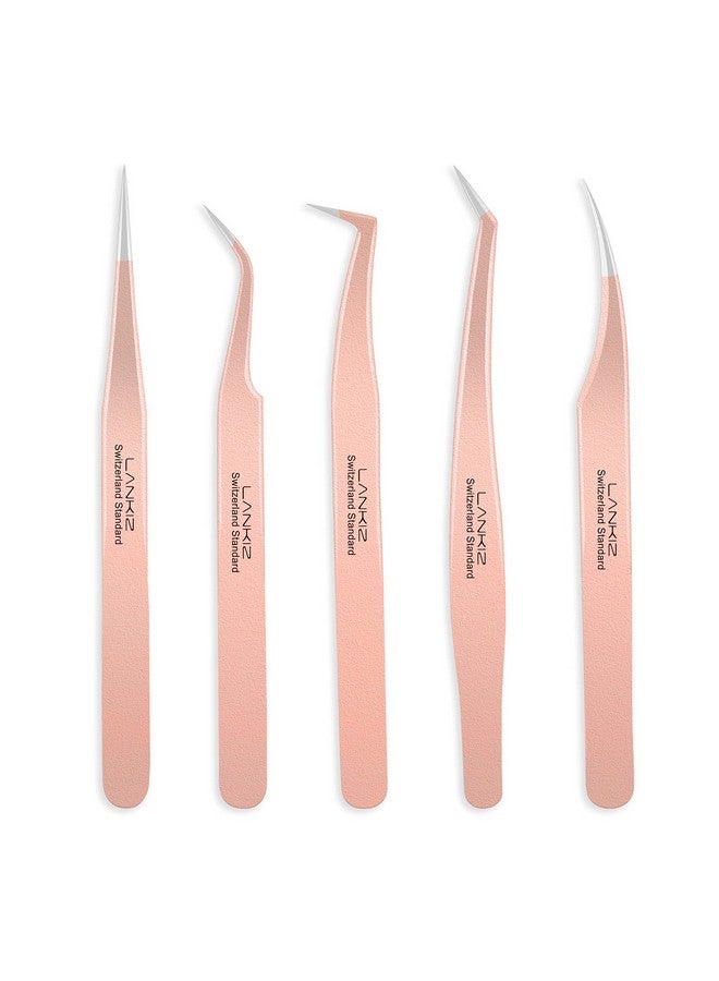 Eyelash Extension Tweezers Set 5 Pcs For Eyelash Extensions Stainless Steel Lash Tweezers For Volume Lash Extensionsrose Gold