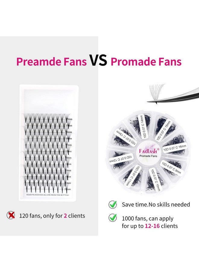 Premade Fans Eyelash Extensions Mixed Tray 1000 Premade Lash Fans 10D Premade Volume Eyelash Extensions Pointed Handmade Promade Loose Fans D Curl Thin Base (10D0.07D 1520Mm)