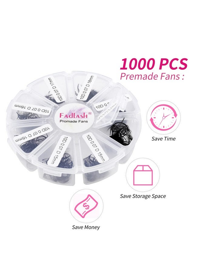 Premade Fans Eyelash Extensions Mixed Tray 1000 Premade Lash Fans 10D Premade Volume Eyelash Extensions Pointed Handmade Promade Loose Fans D Curl Thin Base (10D0.07D 1520Mm)