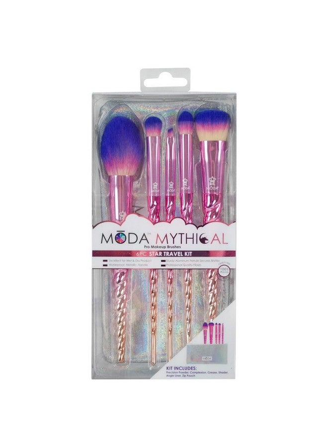 Mythical Full Size Star Traveler 6Pc Unicorn Makeup Brush Set With Pouch Includes Blush Complexion Domed Shadow Crease And Angle Eyeliner Brushes