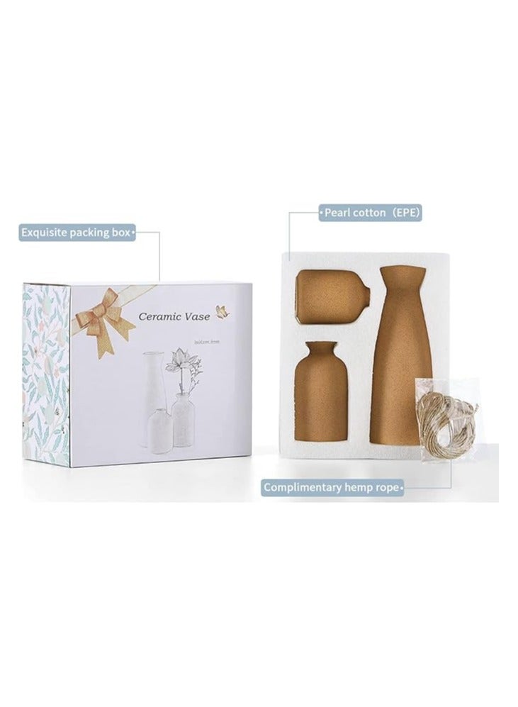 Creative Brown Ceramic Vase Set-3 Small Flower Vases for Decor Plant Desktop Ornament Modern Home Decor Vase for Decor Pampas Grass Vase Flowers Vase Rose Fit for Home and Office Living Room Desk Shelf Decor Centerpieces Decoration