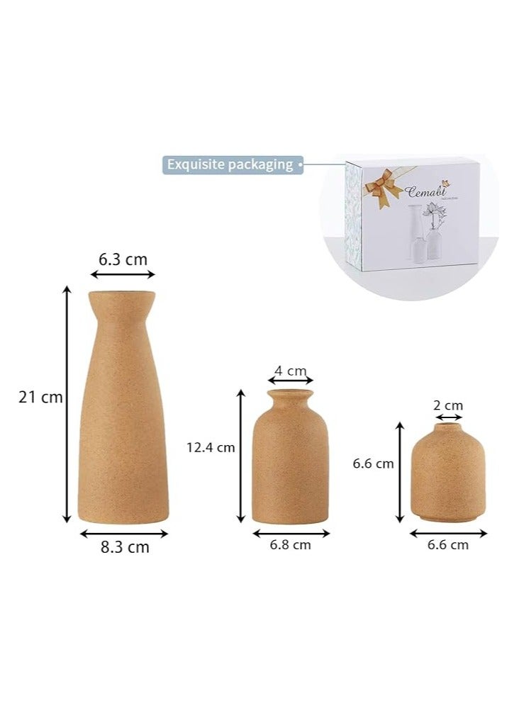 Creative Brown Ceramic Vase Set-3 Small Flower Vases for Decor Plant Desktop Ornament Modern Home Decor Vase for Decor Pampas Grass Vase Flowers Vase Rose Fit for Home and Office Living Room Desk Shelf Decor Centerpieces Decoration