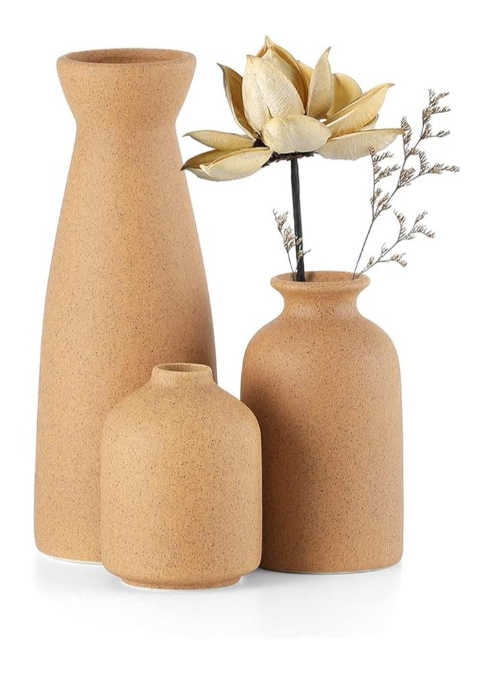 Creative Brown Ceramic Vase Set-3 Small Flower Vases for Decor Plant Desktop Ornament Modern Home Decor Vase for Decor Pampas Grass Vase Flowers Vase Rose Fit for Home and Office Living Room Desk Shelf Decor Centerpieces Decoration