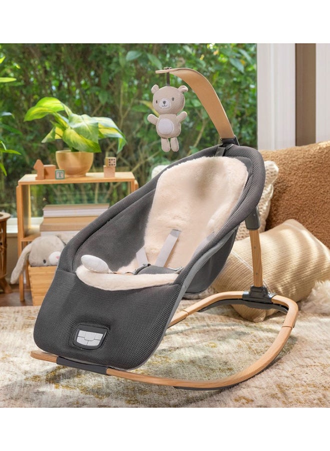 2-In-1 Every Season Baby Rocker And Seat With Cooling And Warming Fabrics, Wooden Activity Bar, Music, Vibration, 0 - 30 Months, Grey