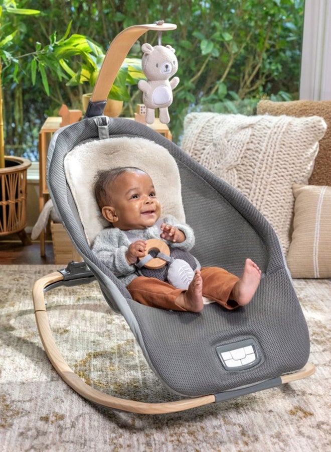 2-In-1 Every Season Baby Rocker And Seat With Cooling And Warming Fabrics, Wooden Activity Bar, Music, Vibration, 0 - 30 Months, Grey