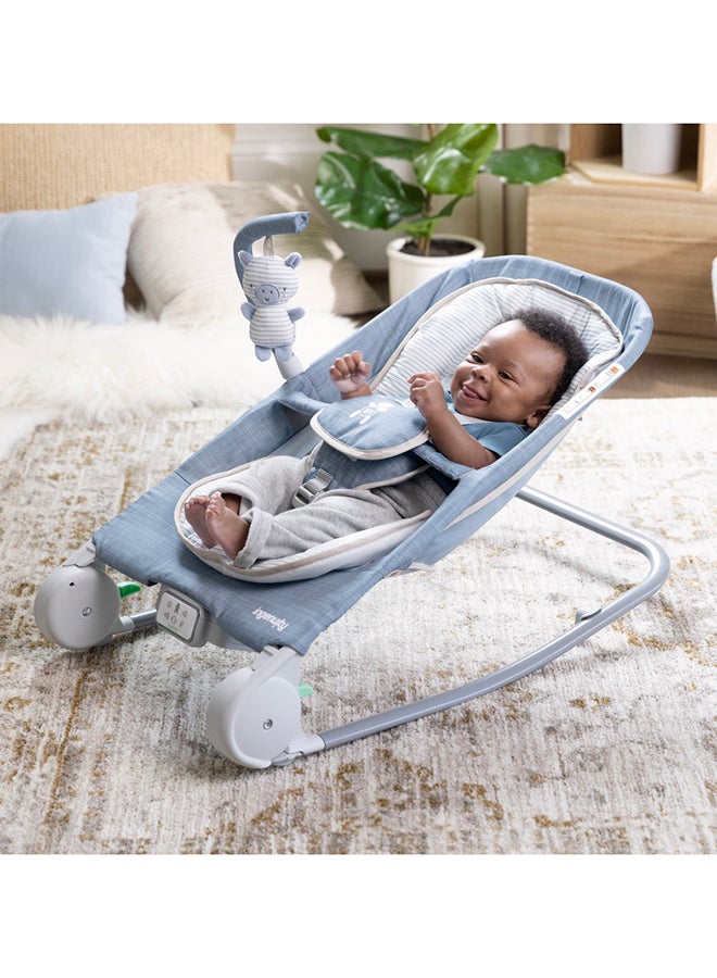 Happy Belly Rock-To-Bounce Massage, Bouncer And Rocker Seat With 5-Point Harness, 0 - 6 Months, Chambray