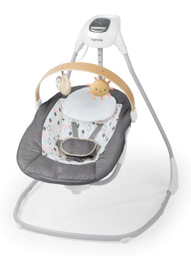 Simple Comfort Compact Soothing Swing With USB Cord, Safety Harness, 2 Featuring Toys And Sounds, 0 - 9 Months, Parker