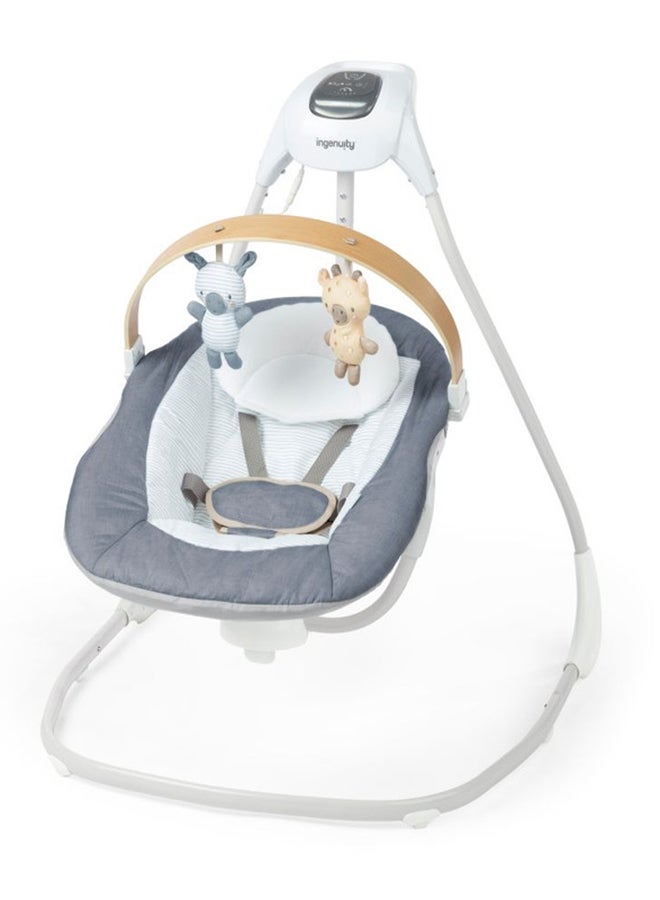 Simple Comfort Compact Soothing Swing With Usb Cord, Safety Harness, 2 Featuring Toys And Sounds, 0 - 9 Months, Chambray