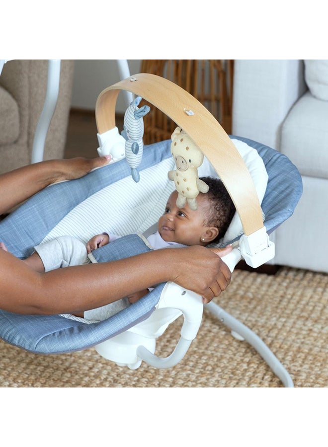 Simple Comfort Compact Soothing Swing With Usb Cord, Safety Harness, 2 Featuring Toys And Sounds, 0 - 9 Months, Chambray