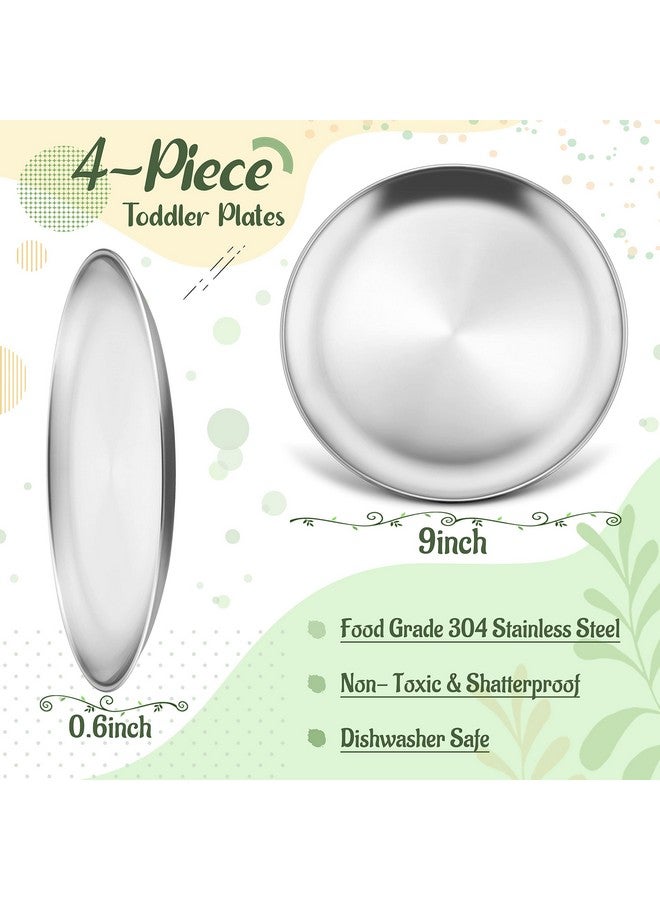 4Piece 18/8 Stainless Steel Plates Metal 304 Dinner Dishes For Kids Toddlers Children 9 Inch Feeding Serving Camping Plates Reusable Dinnerware Shatterproof & Nontoxic Dishwasher Safe