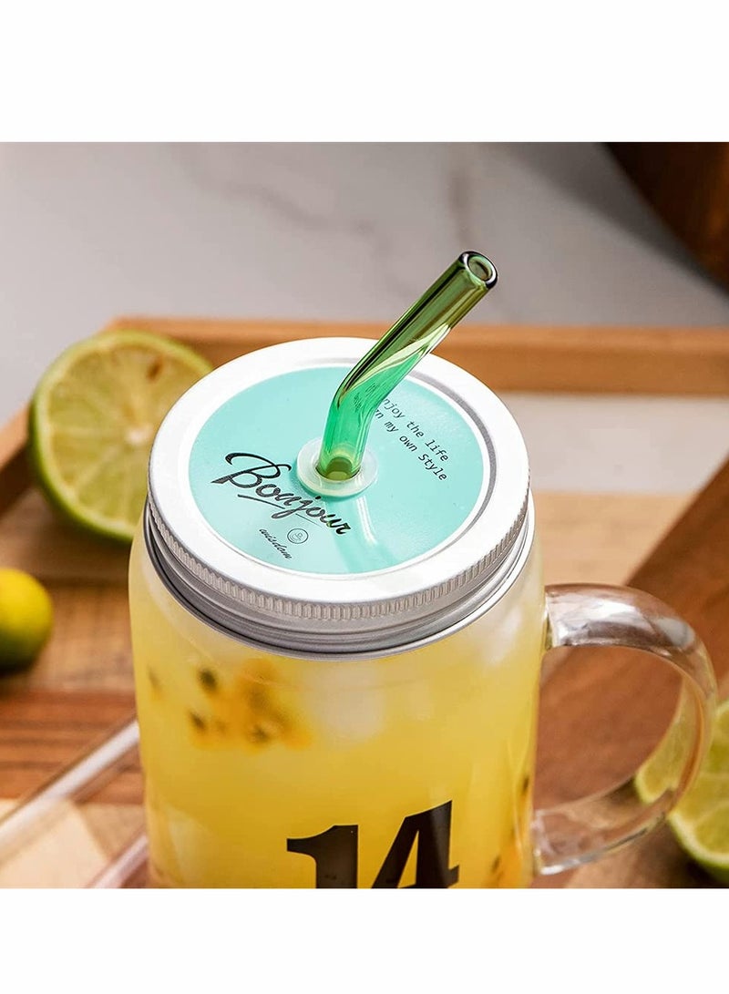Glass Mug, Drinking Bottle Jar with Handles, Reusable Glass Water Bottle, Wide Mouth Clear Drinking Glass Bottle with Colored Lids for Juicing, Water, Tea, 16 Oz