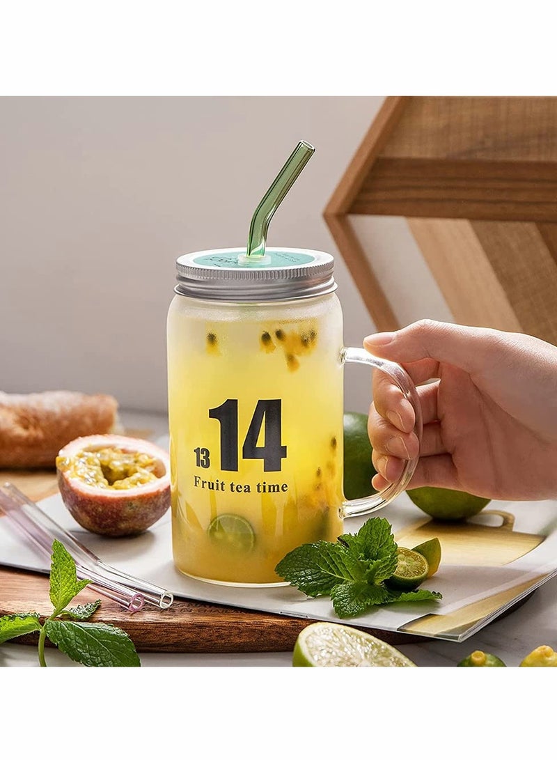 Glass Mug, Drinking Bottle Jar with Handles, Reusable Glass Water Bottle, Wide Mouth Clear Drinking Glass Bottle with Colored Lids for Juicing, Water, Tea, 16 Oz