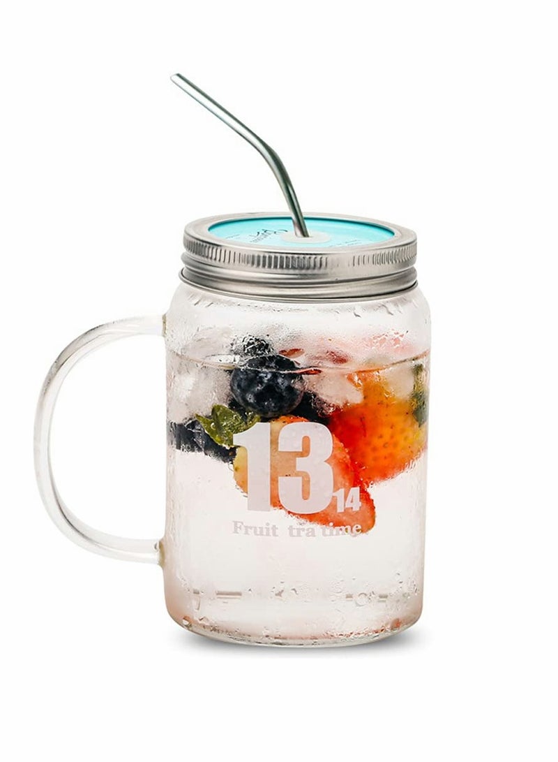 Glass Mug, Drinking Bottle Jar with Handles, Reusable Glass Water Bottle, Wide Mouth Clear Drinking Glass Bottle with Colored Lids for Juicing, Water, Tea, 16 Oz