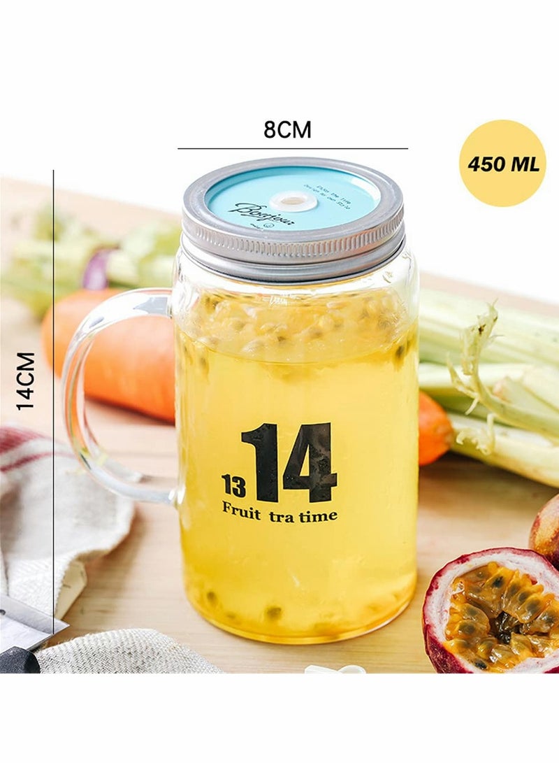 Glass Mug, Drinking Bottle Jar with Handles, Reusable Glass Water Bottle, Wide Mouth Clear Drinking Glass Bottle with Colored Lids for Juicing, Water, Tea, 16 Oz