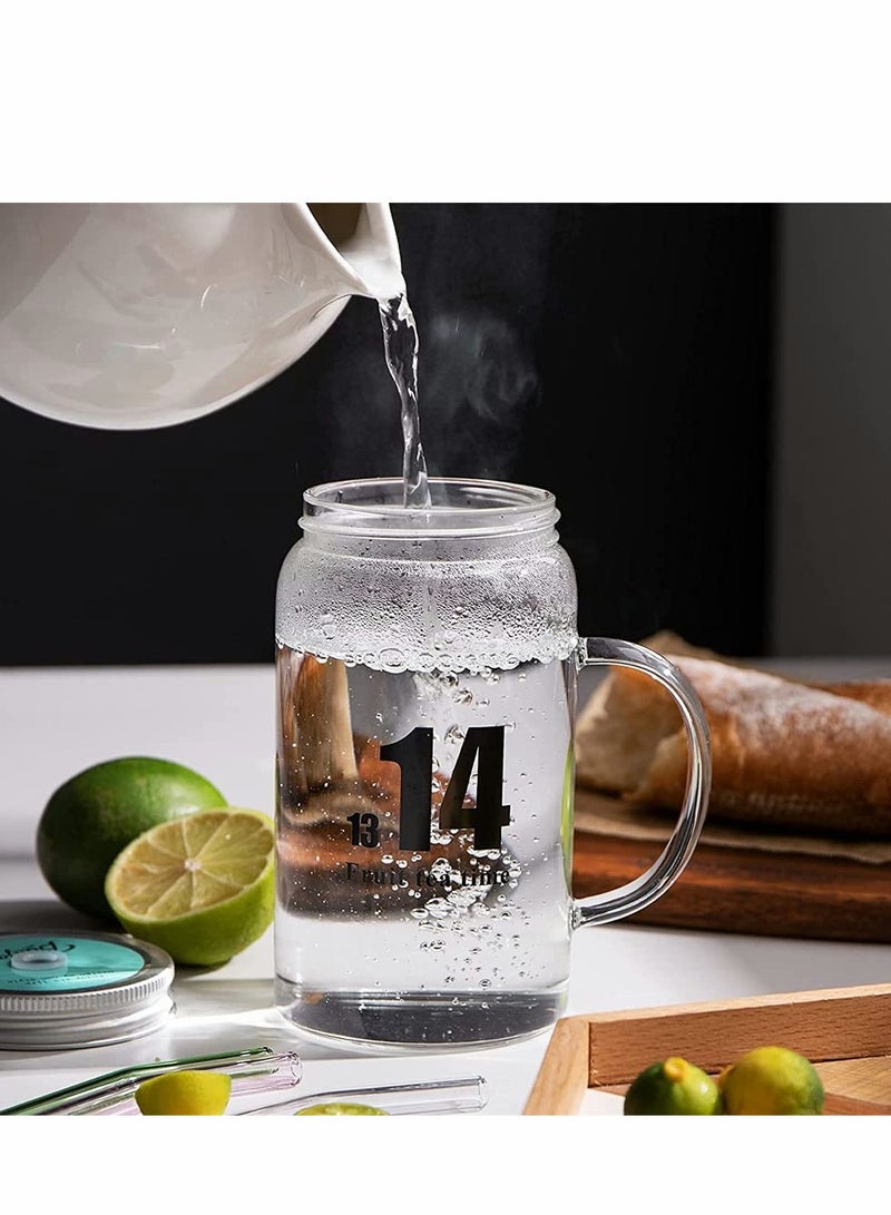 Glass Mug, Drinking Bottle Jar with Handles, Reusable Glass Water Bottle, Wide Mouth Clear Drinking Glass Bottle with Colored Lids for Juicing, Water, Tea, 16 Oz