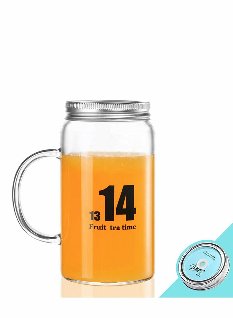 Glass Mug, Drinking Bottle Jar with Handles, Reusable Glass Water Bottle, Wide Mouth Clear Drinking Glass Bottle with Colored Lids for Juicing, Water, Tea, 16 Oz