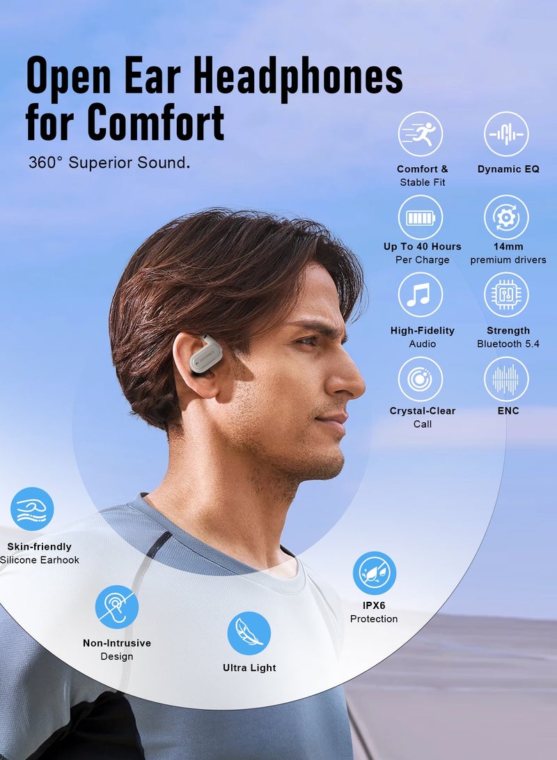 True Wireless Earbuds, Open Ear Bluetooth 5.4 Headphones 4-Mics ENC Clear Call, OWS Bluetooth Earbuds Touch Control, IPX6 Waterproof TWS, Light-Weight Earphones