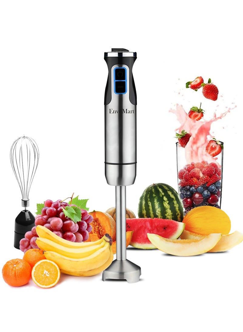 EnvoMart 800W 4-in-1 Hand Blender Set - 2-Speed Stick Mixer with Titanium Plated Stainless Steel Blade, 600ml Mixing Beaker and 860ml Food Chopper, and Whisk Attachment - Kitchen Mixer for Blending