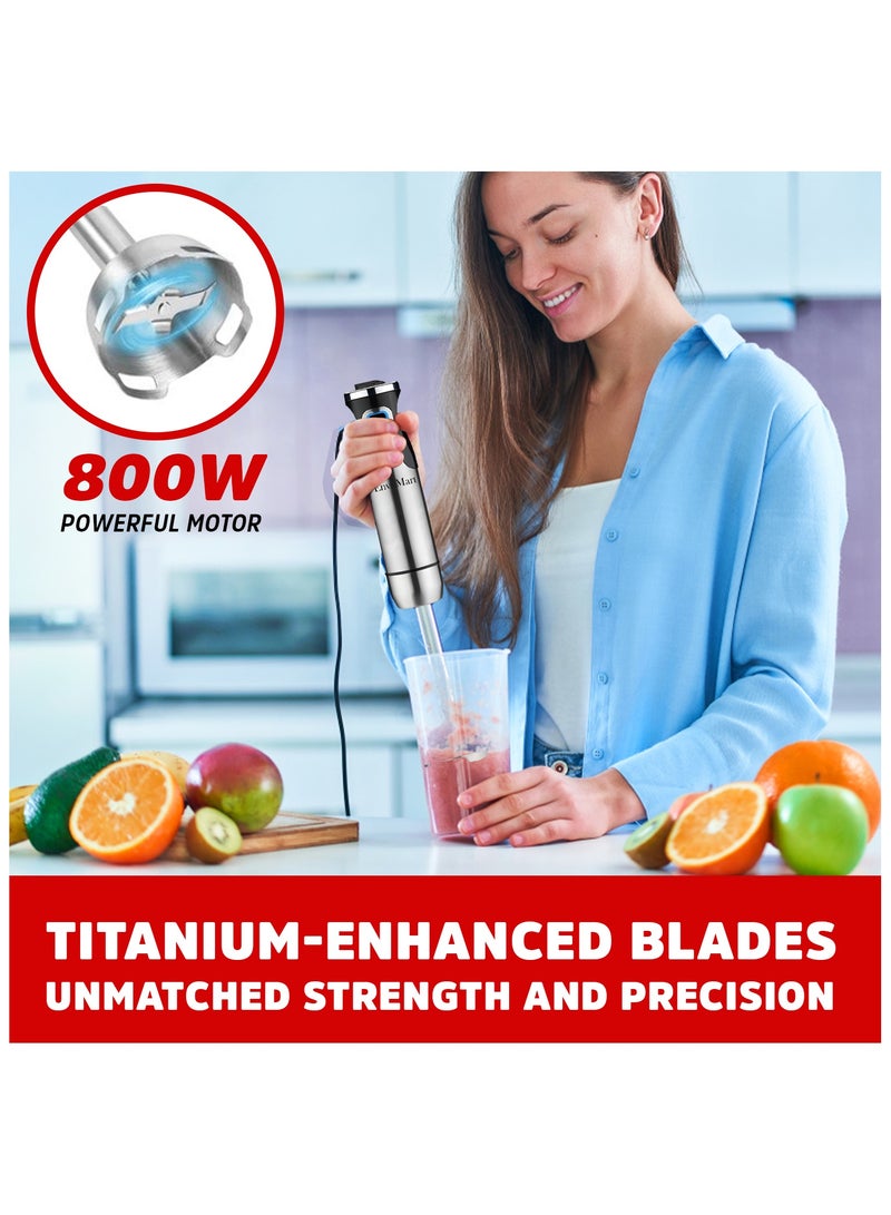 EnvoMart 800W 4-in-1 Hand Blender Set - 2-Speed Stick Mixer with Titanium Plated Stainless Steel Blade, 600ml Mixing Beaker and 860ml Food Chopper, and Whisk Attachment - Kitchen Mixer for Blending