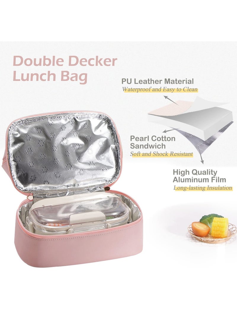 Lunch Bag for Women, Large Capacity Insulated Lunch Bag with Double Decker Waterproof PU Leather Simple Modern Style Lunch Bag for Work, Picnic, Travel (Pink)