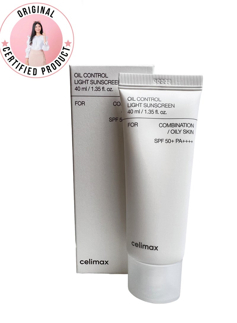 Celimax Oil Control Light Sunscreen SPF50, 40ml - Korean Face Sunscreen, Lightweight, Sebum Control, Fragrance-Free, for Sensitive Skin, with Niacinamide and Hyaluronic Acid