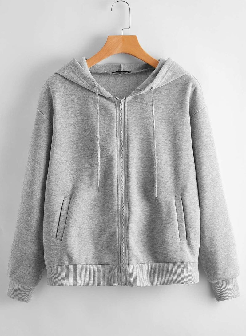 Heathered Knit Zip-Up Drawstring Hoodie