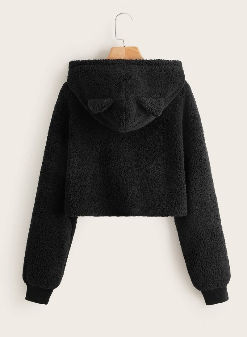 Drop Shoulder Crop Teddy Hoodie With Ears