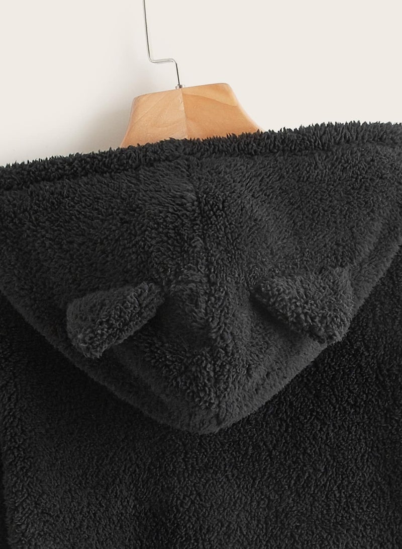 Drop Shoulder Crop Teddy Hoodie With Ears