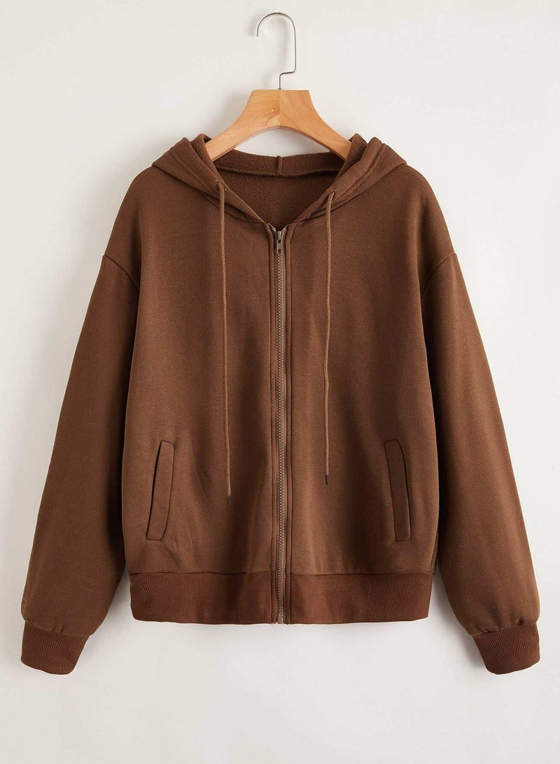 Drop Shoulder Zip Up Drawstring Hoodie