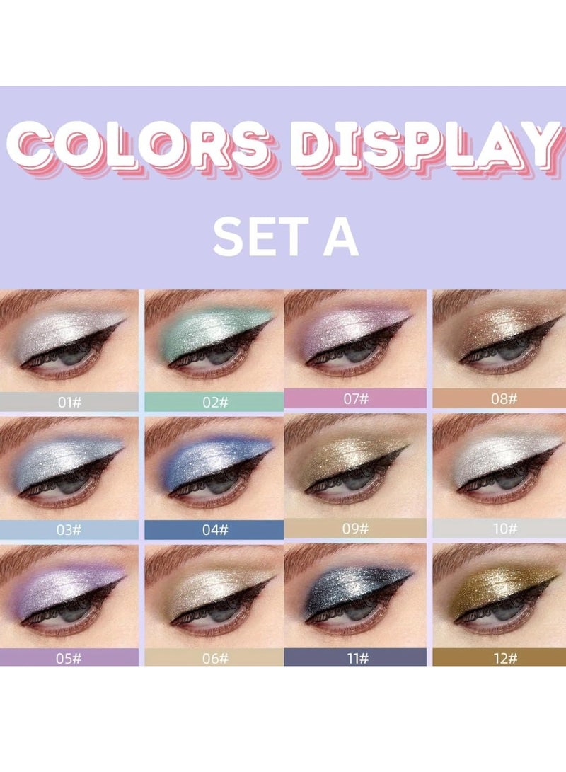 12Pcs Glitter Liquid Eyeshadow Sweatproof Makeup Set Multi Color Glitter Pressed All Highly Pigmented Blending Liquid Glitter Eyeshadow Makeup Metallic Shimmer Glitter Eyeshadow Set A