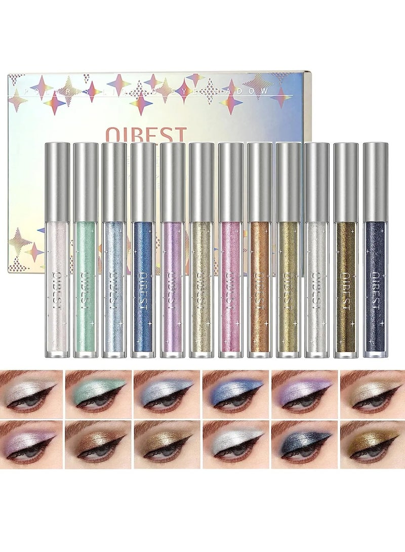 12Pcs Glitter Liquid Eyeshadow Sweatproof Makeup Set Multi Color Glitter Pressed All Highly Pigmented Blending Liquid Glitter Eyeshadow Makeup Metallic Shimmer Glitter Eyeshadow Set A