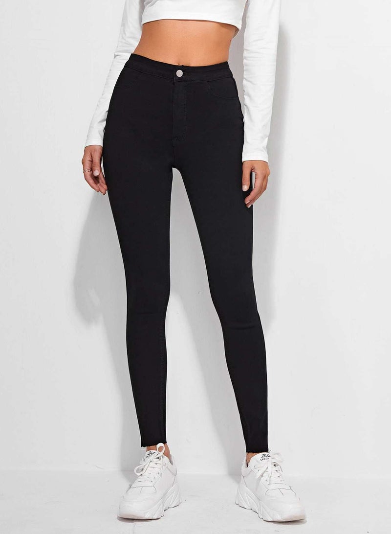 High Waist Raw Hem Skinny Jeans