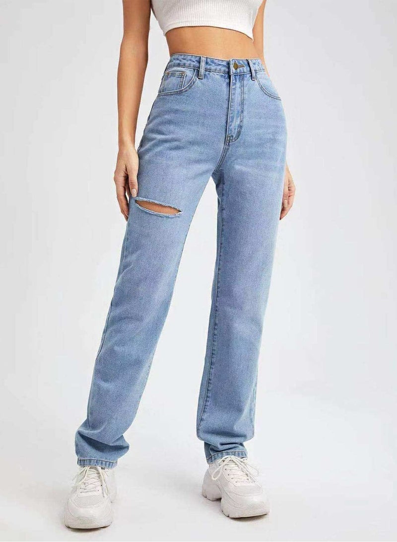 High Waist Ripped Straight Leg Jeans