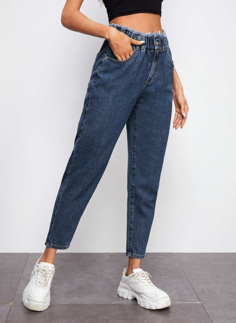 High Waisted Raw Trim Slant Pocket Jeans