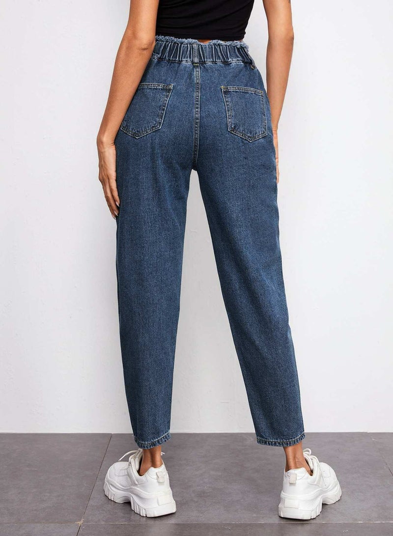 High Waisted Raw Trim Slant Pocket Jeans