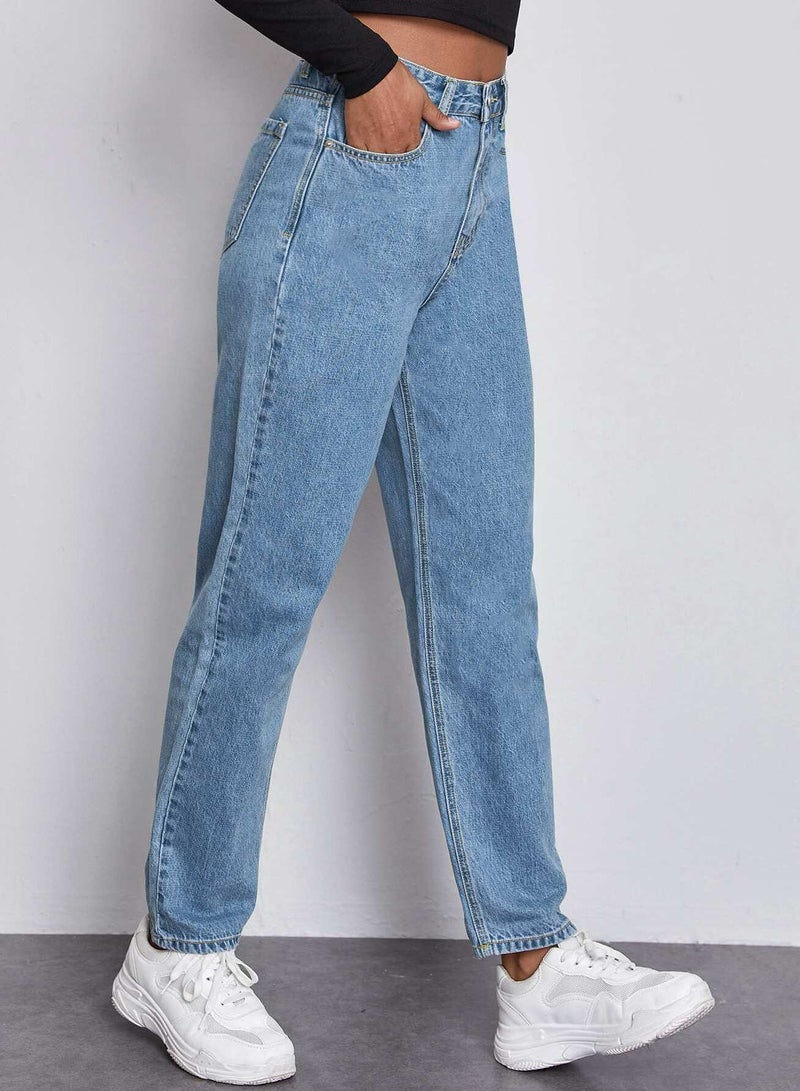 High Waist Slant Pocket Mom Jeans