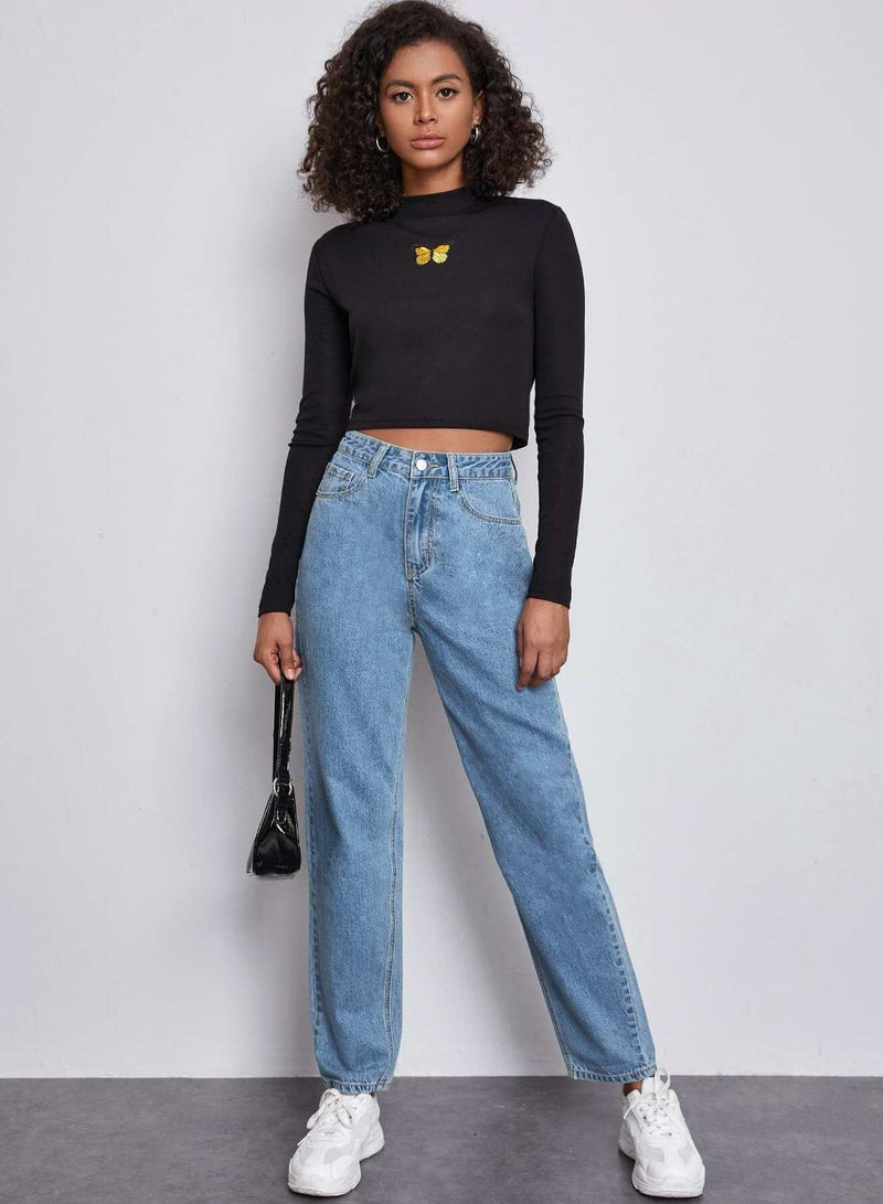 High Waist Slant Pocket Mom Jeans