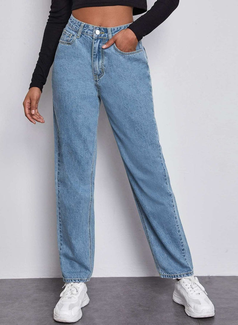 High Waist Slant Pocket Mom Jeans