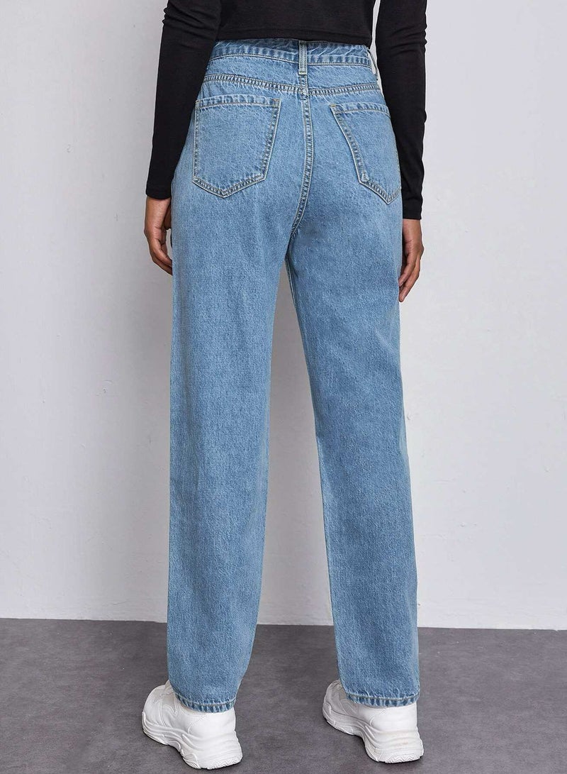 High Waist Slant Pocket Mom Jeans