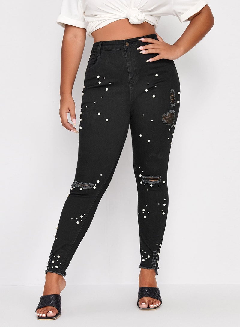 Plus Raw Hem Ripped Pearls Beaded Jeans