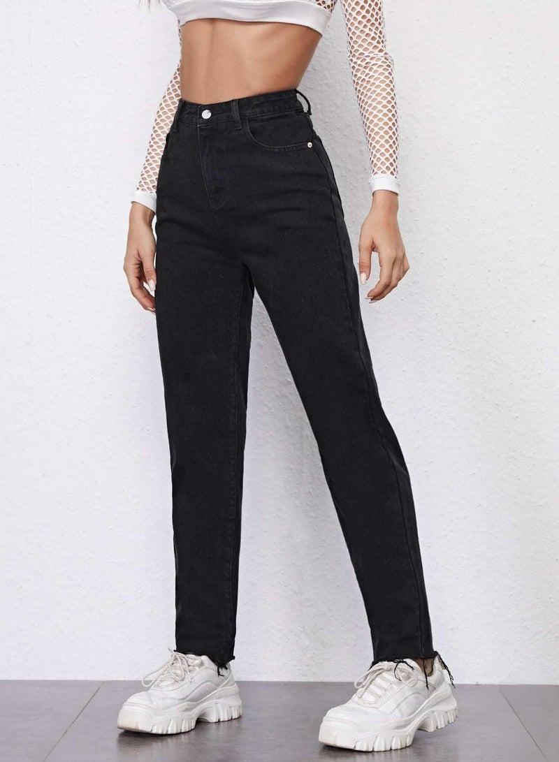 High Waisted Raw Hem Straight Jeans