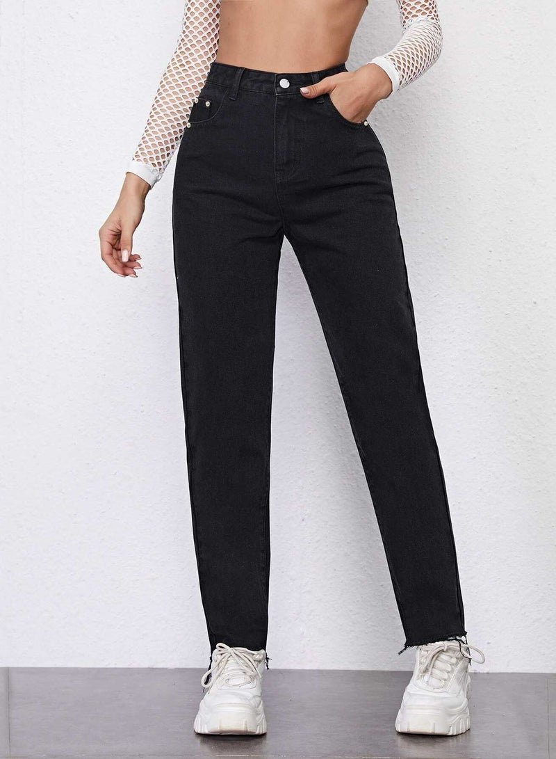 High Waisted Raw Hem Straight Jeans