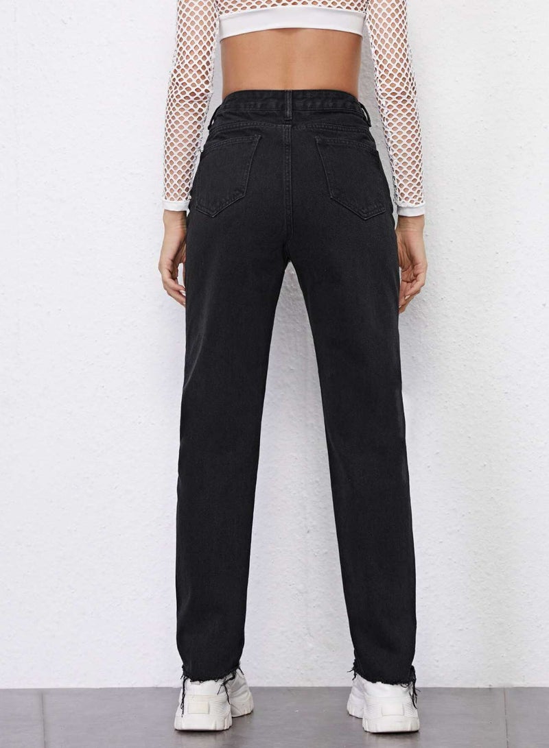 High Waisted Raw Hem Straight Jeans