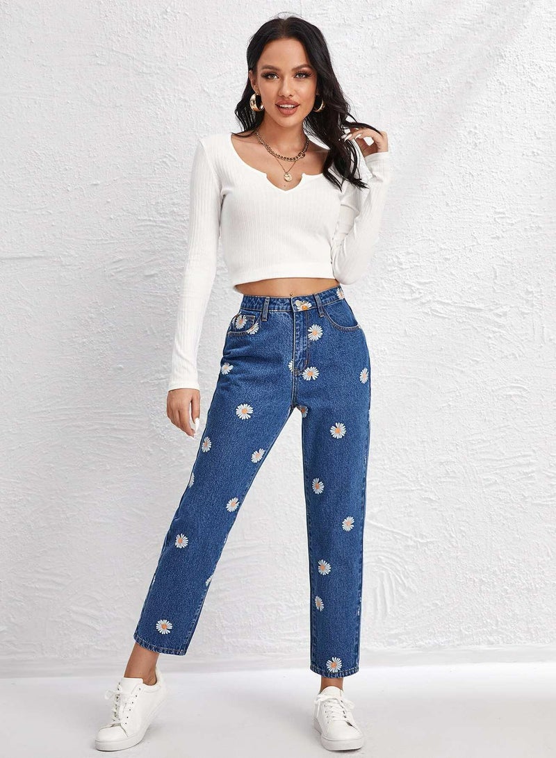 Slant Pocket Daisy Print Straight Leg Jeans