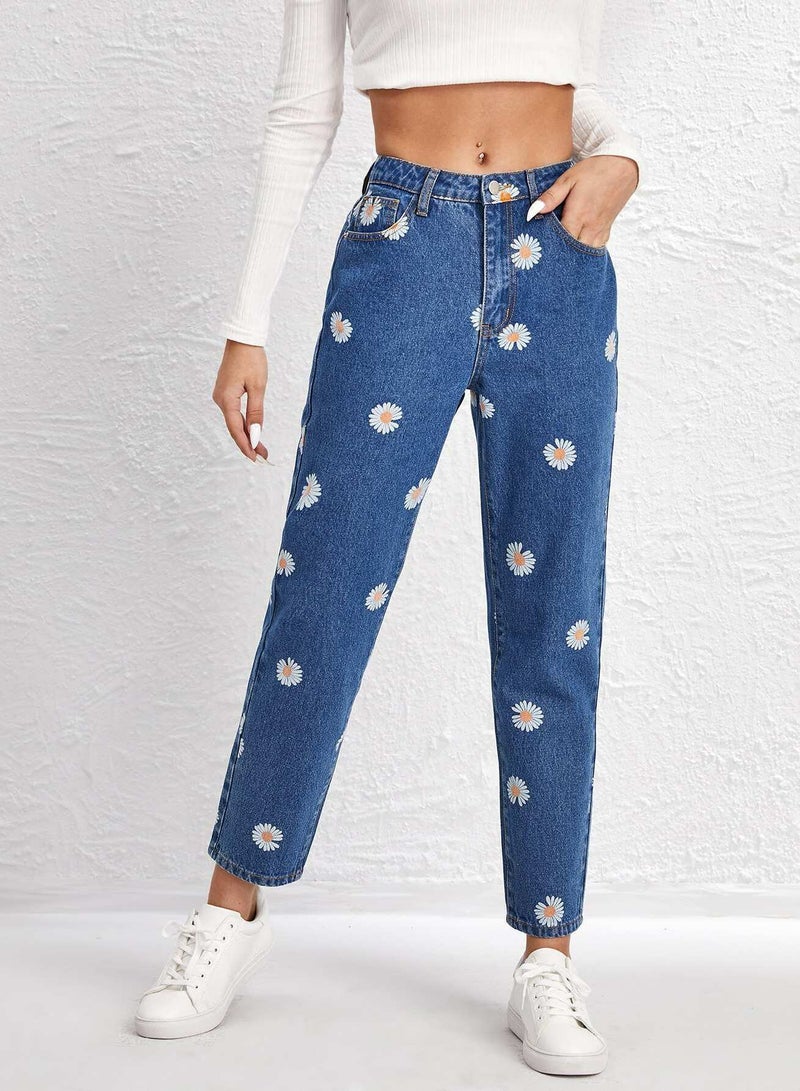 Slant Pocket Daisy Print Straight Leg Jeans