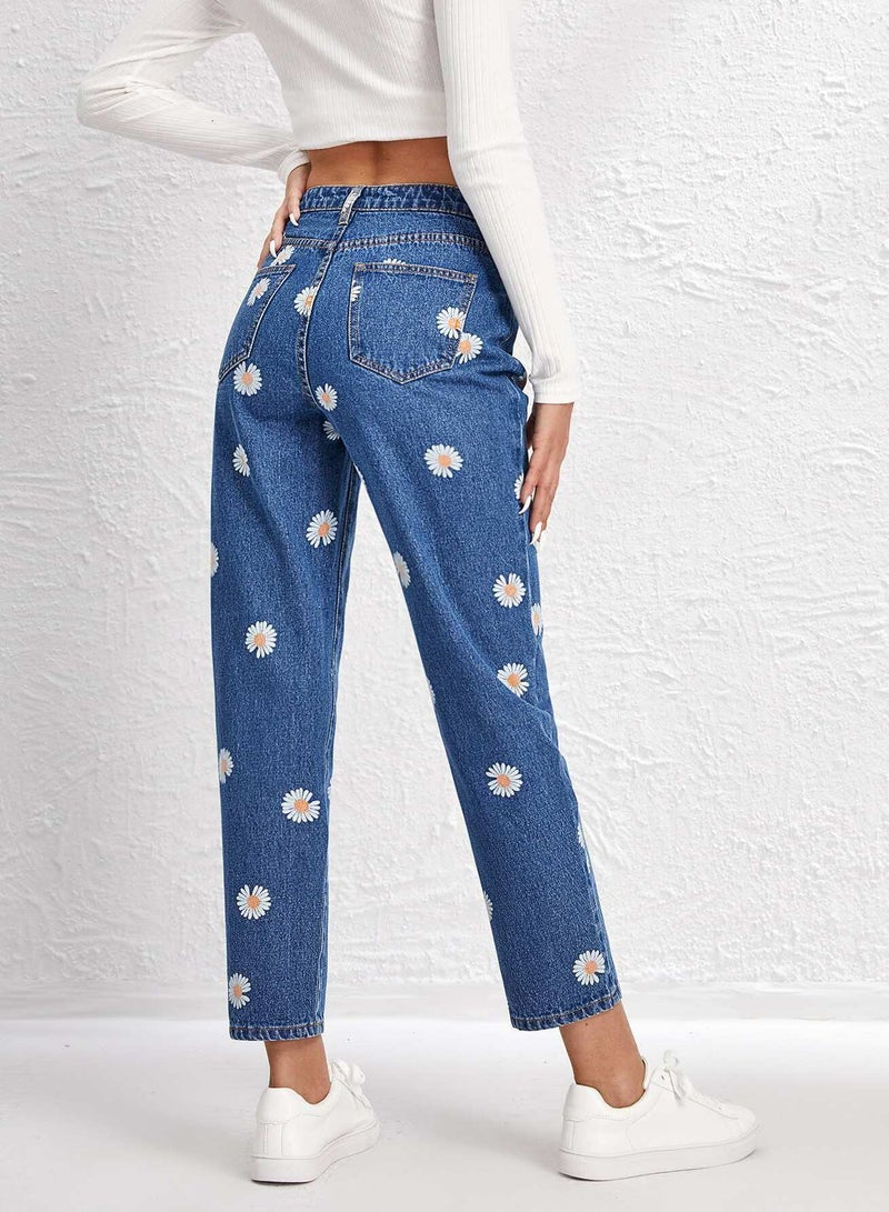 Slant Pocket Daisy Print Straight Leg Jeans