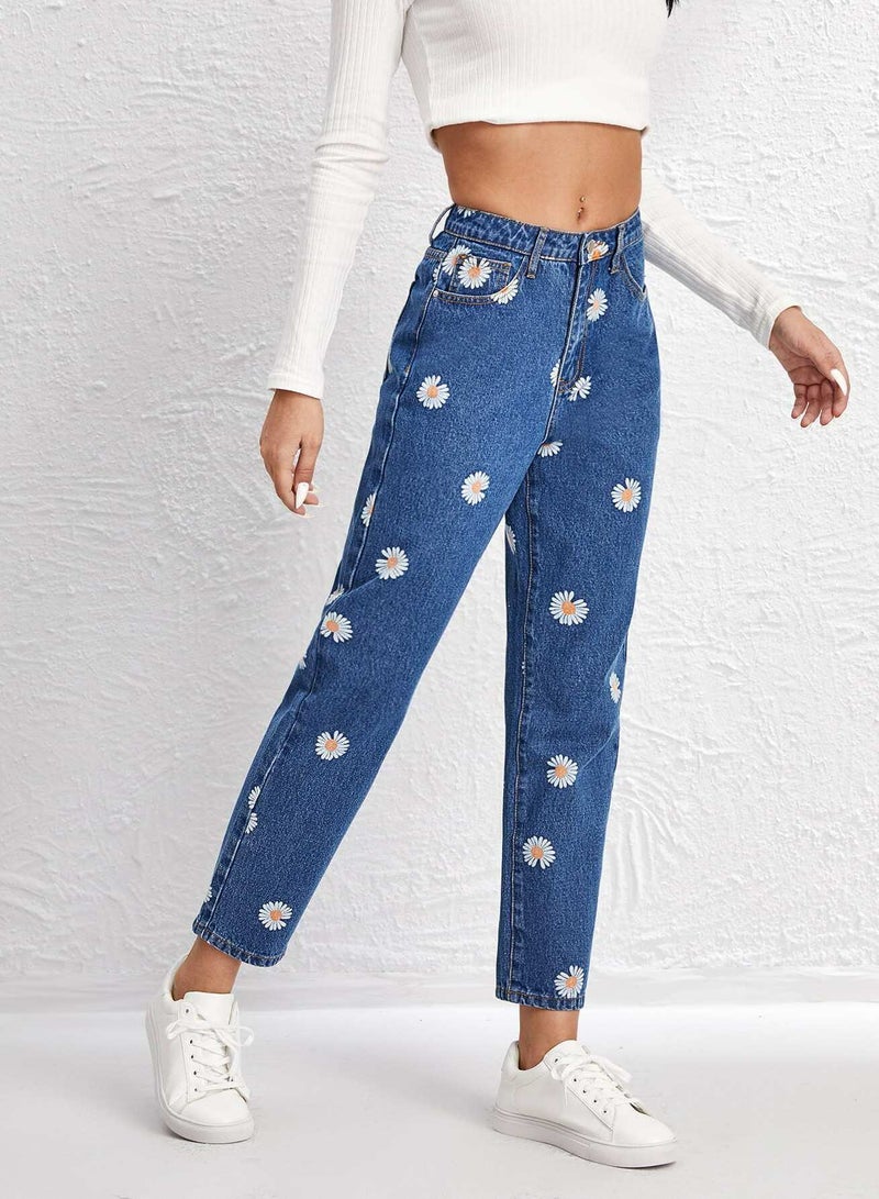 Slant Pocket Daisy Print Straight Leg Jeans