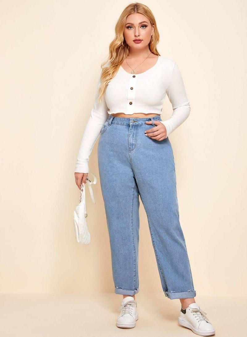 Plus High Waisted Raw-Cut Mom Jeans