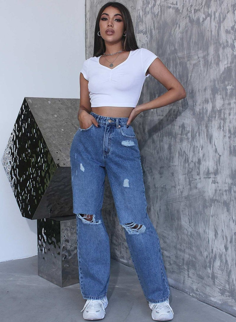 High Waist Ripped Detail Jeans