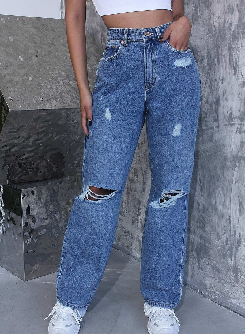 High Waist Ripped Detail Jeans